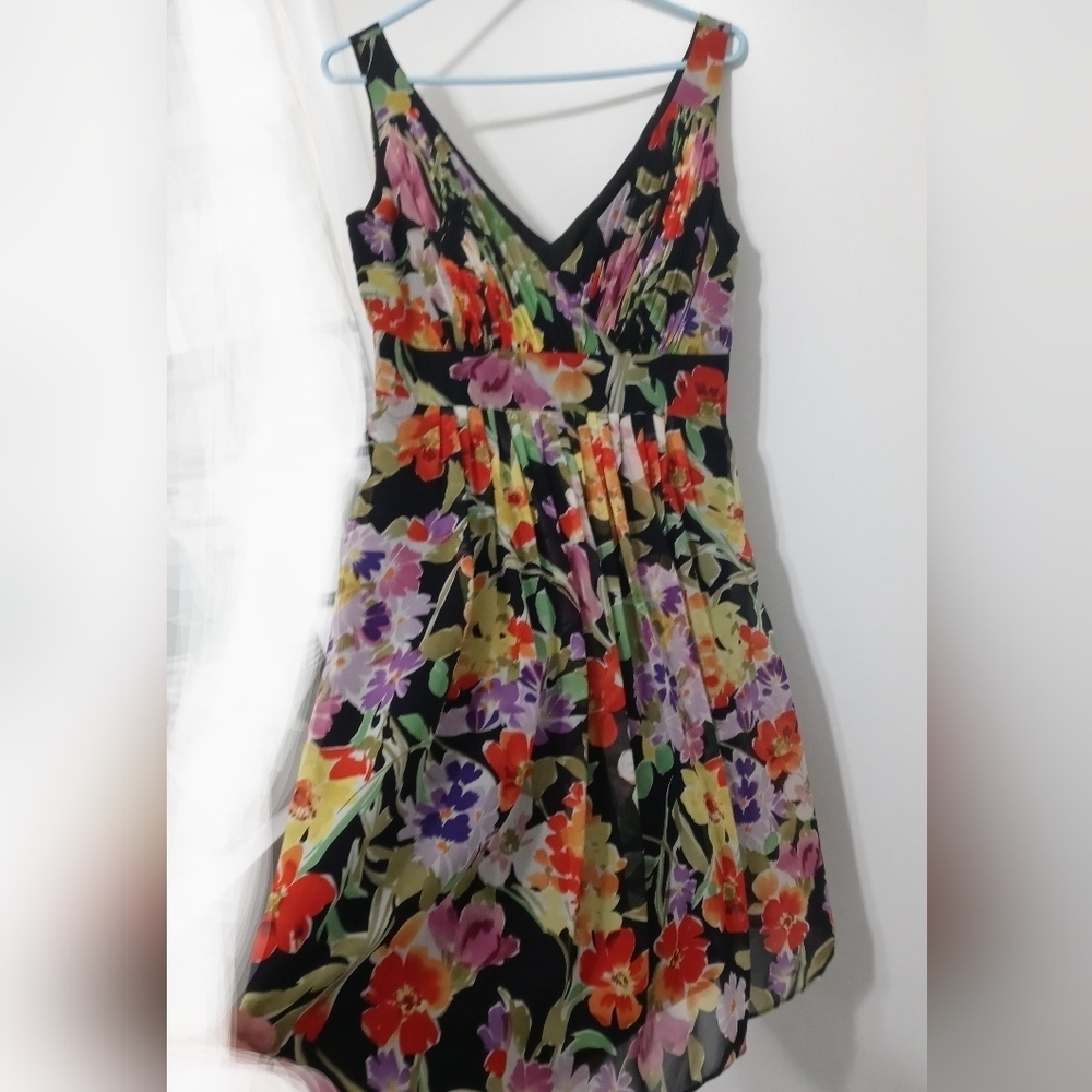 Eliza J. 100% Silk Double V Neck Lined Floral Pleated  Chiffon Dress Side zip 8